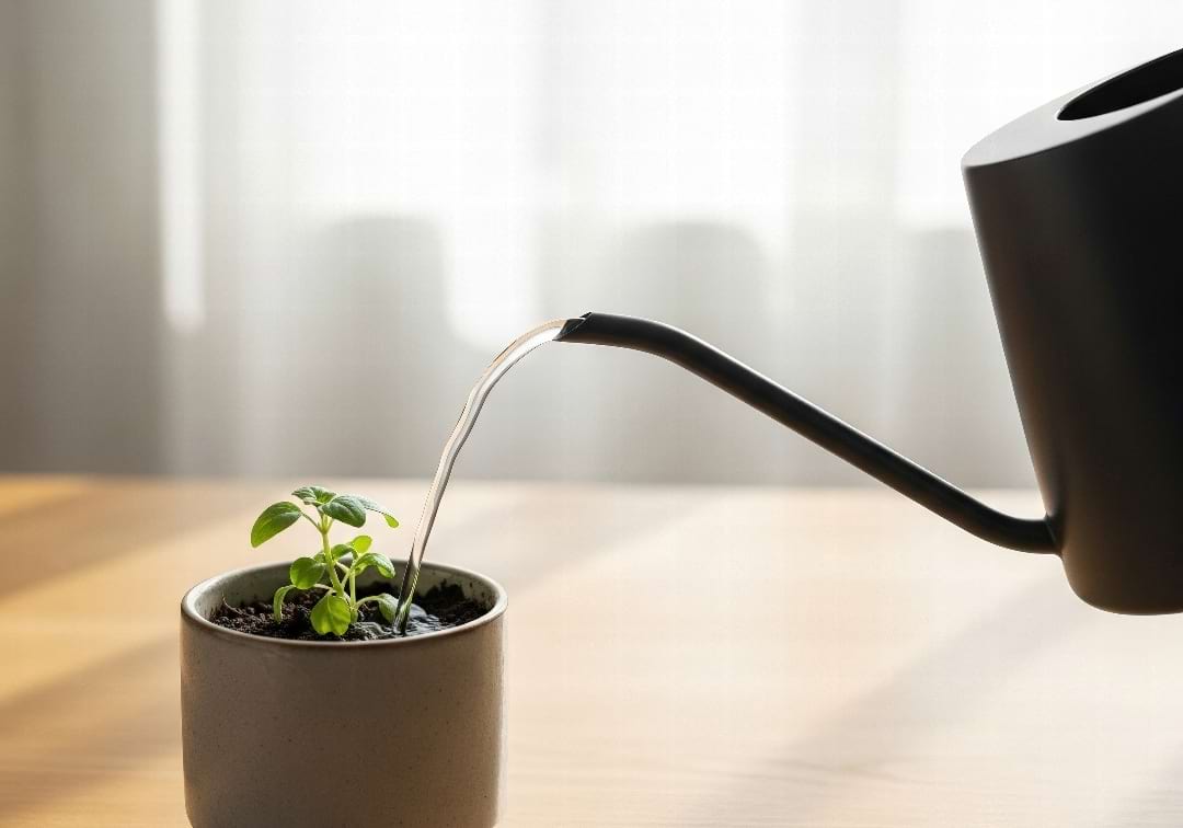 A modern, black watering can with a long spout watering a small plant.