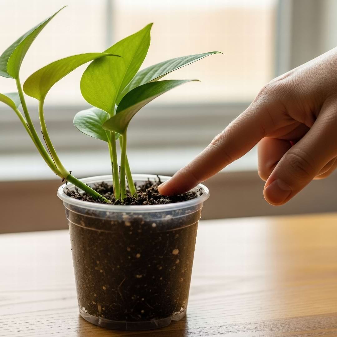 A person's finger checking the soil moisture of their new plant in its nursery pot.