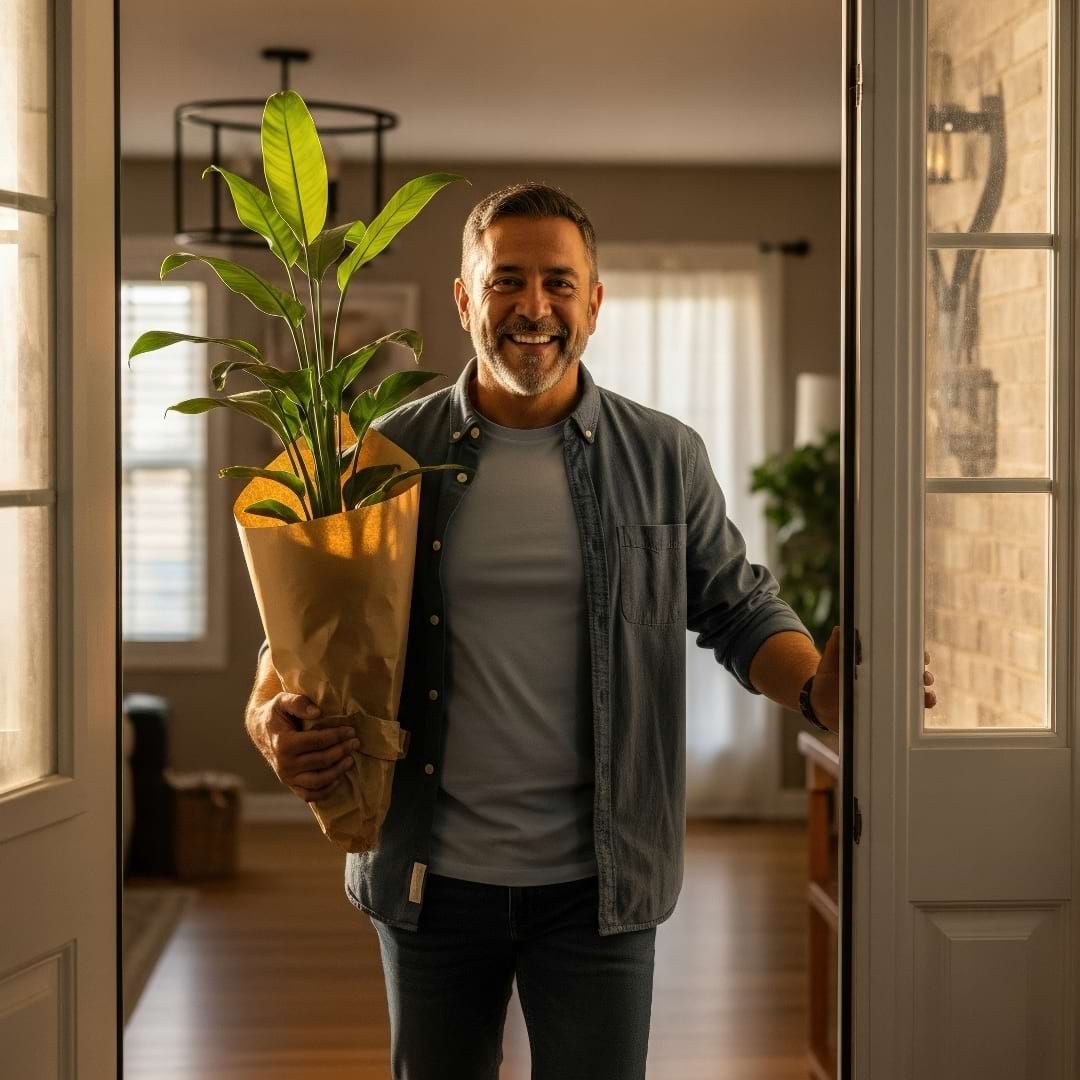 A person smiling as they carry their new houseplant into their home for the first time.