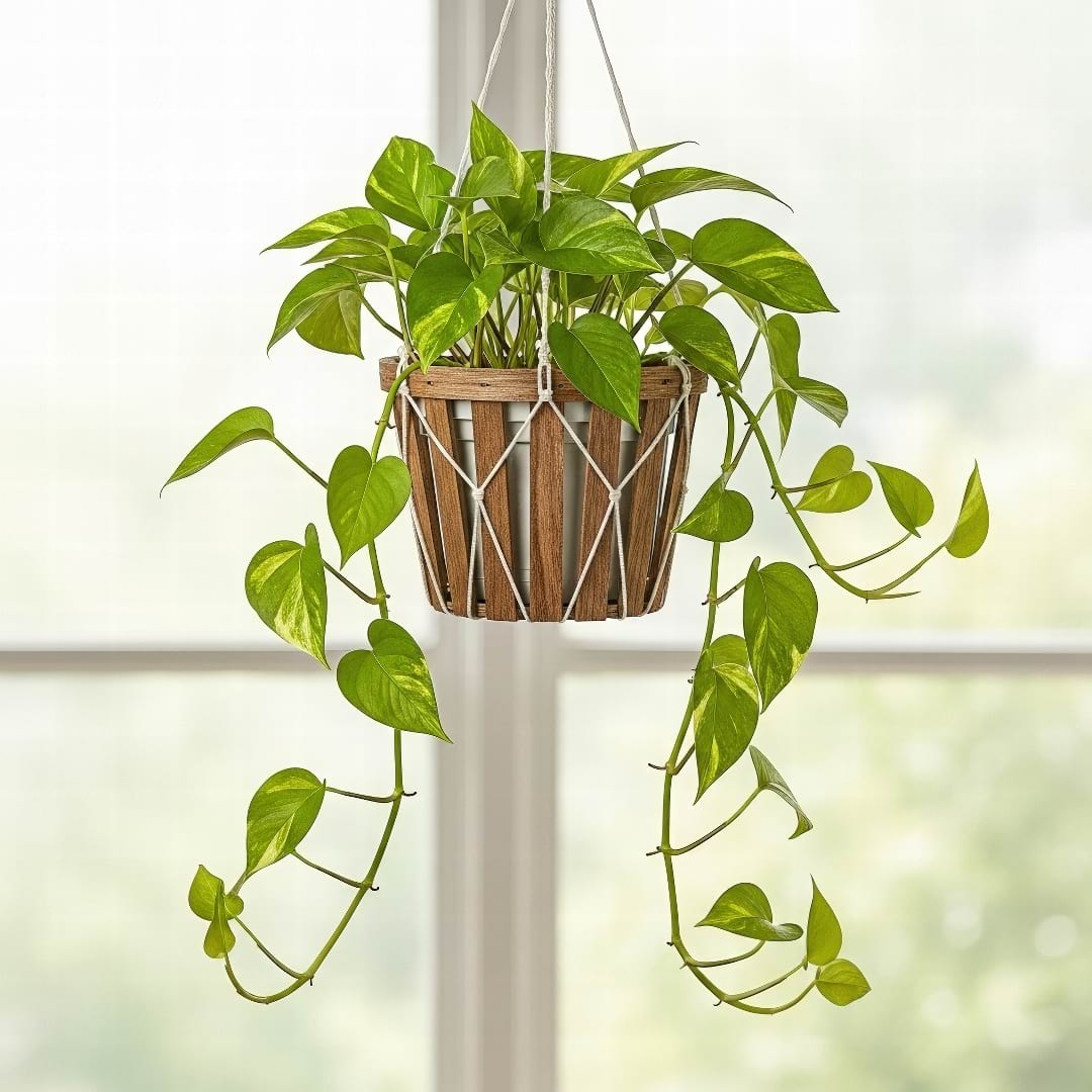 A trailing Golden Pothos on a shelf