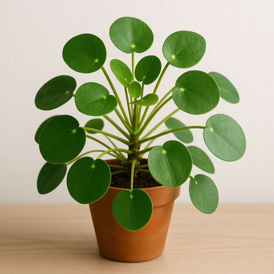 A charming Chinese Money Plant with its round, coin-like leaves in a pot.