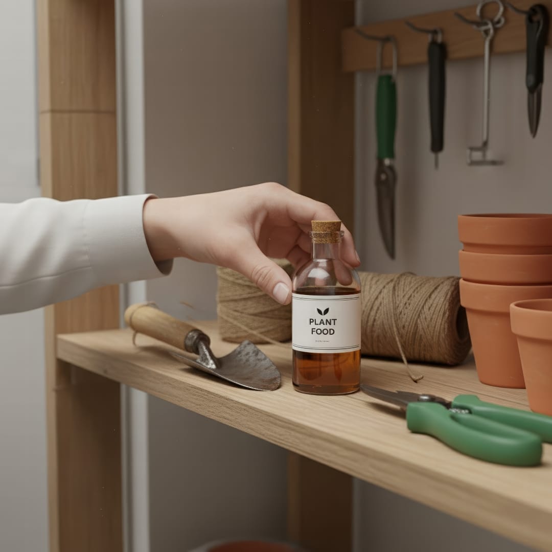 A bottle of houseplant fertilizer being put away on a shelf for the season.