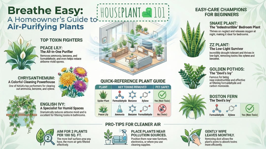 A collection of the best air-purifying indoor plants like Snake Plant, Spider Plant, and Peace Lily in a bright living room