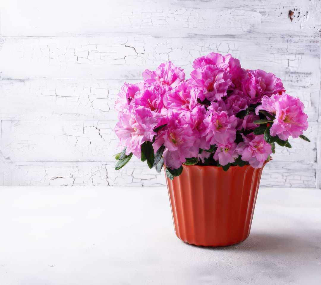 A vibrant indoor Azalea plant covered in bright pink and red flowers.