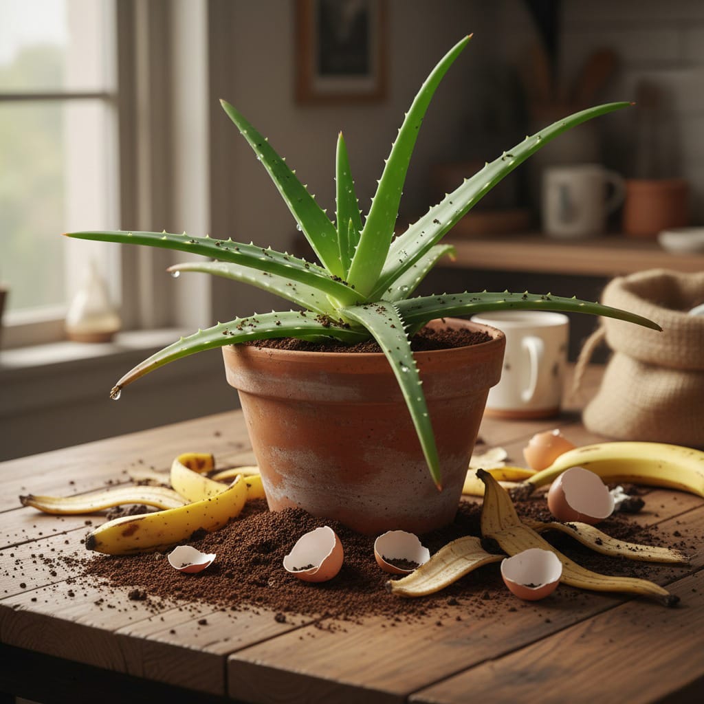 An aloe vera plant on a table surrounded by coffee grounds, banana peels, and eggshells.