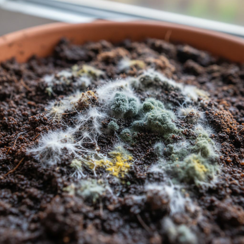 A close-up of mold growing on a thick layer of coffee grounds on top of houseplant soil.
