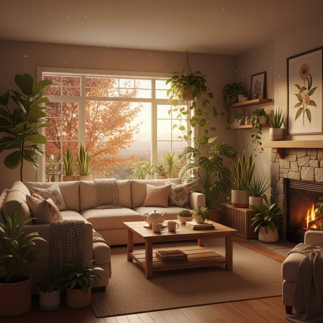 A cozy living room with various houseplants near a window with autumn leaves outside.