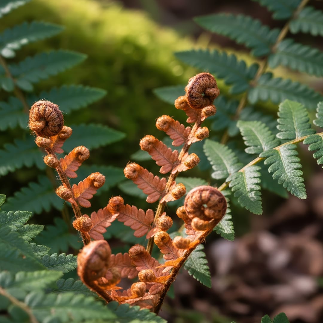 A close-up of an Autumn Fern, highlighting the new, unfurling fronds in a beautiful coppery-orange color.