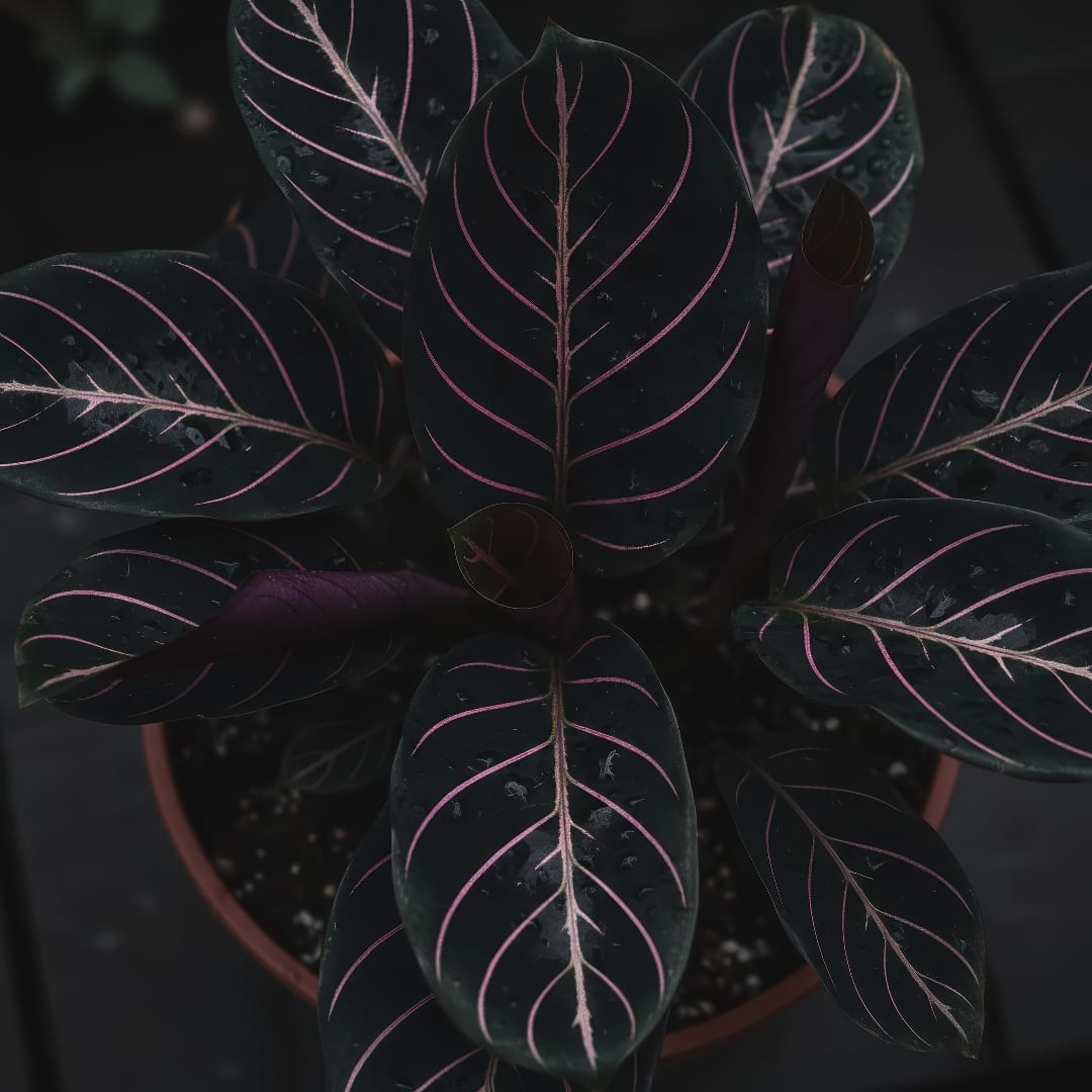 A top-down view of a Calathea Dottie, showcasing its dramatic, dark burgundy leaves and vibrant pink patterns.