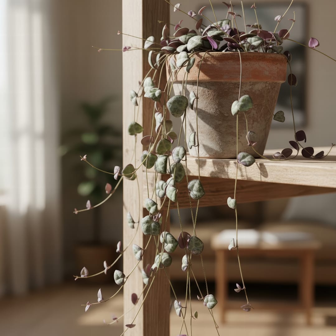 A delicate String of Hearts plant with its long, trailing vines of heart-shaped leaves.