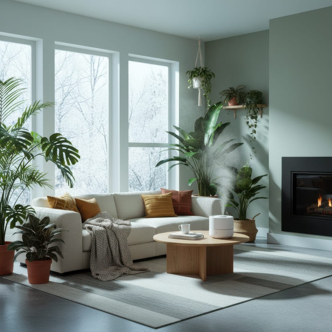 A bright living room with several houseplants and a small humidifier releasing gentle mist nearby.