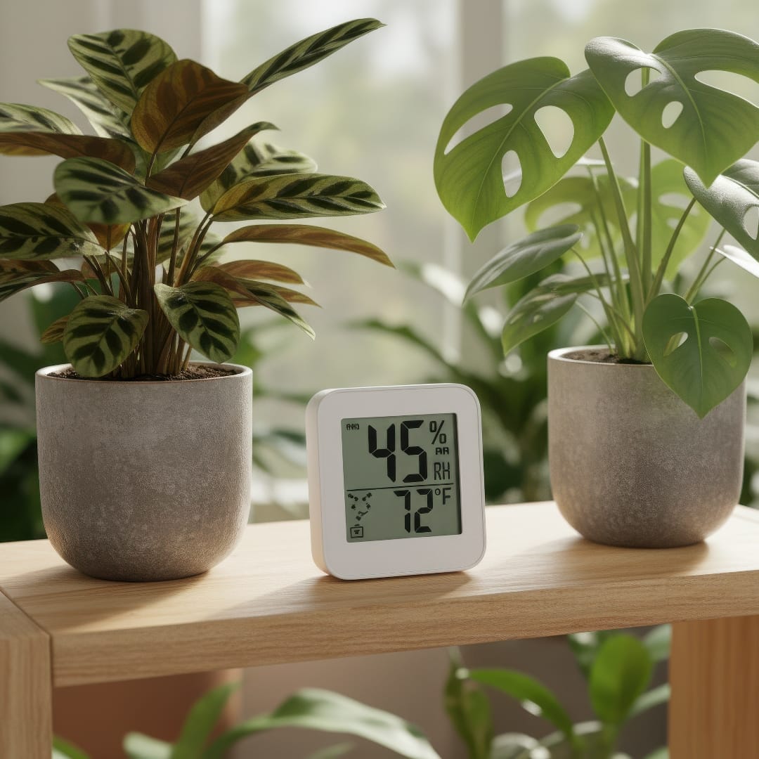 A hygrometer placed on a shelf next to indoor plants, showing 45% humidity.
