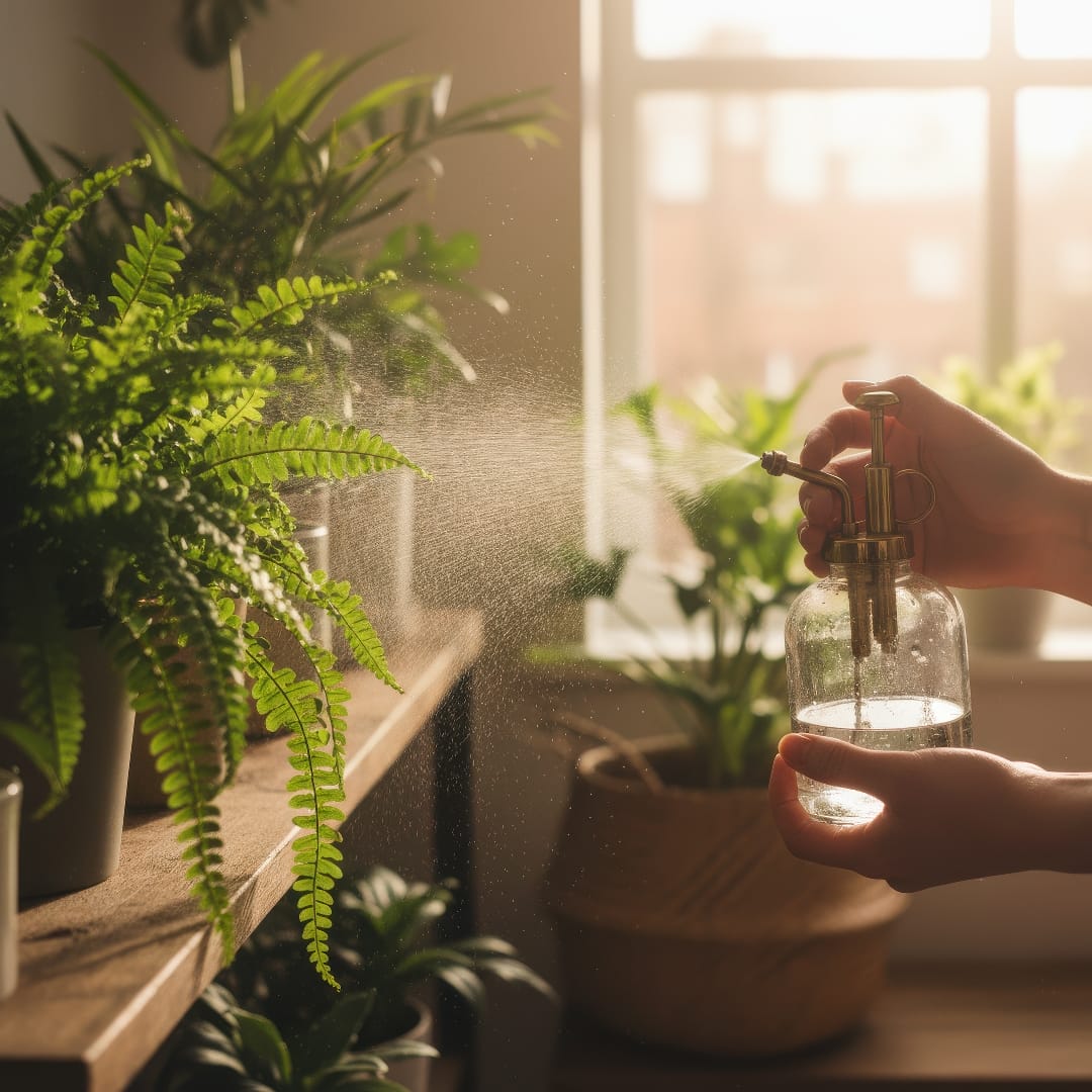 A person lightly misting ferns with a spray bottle in the morning light.