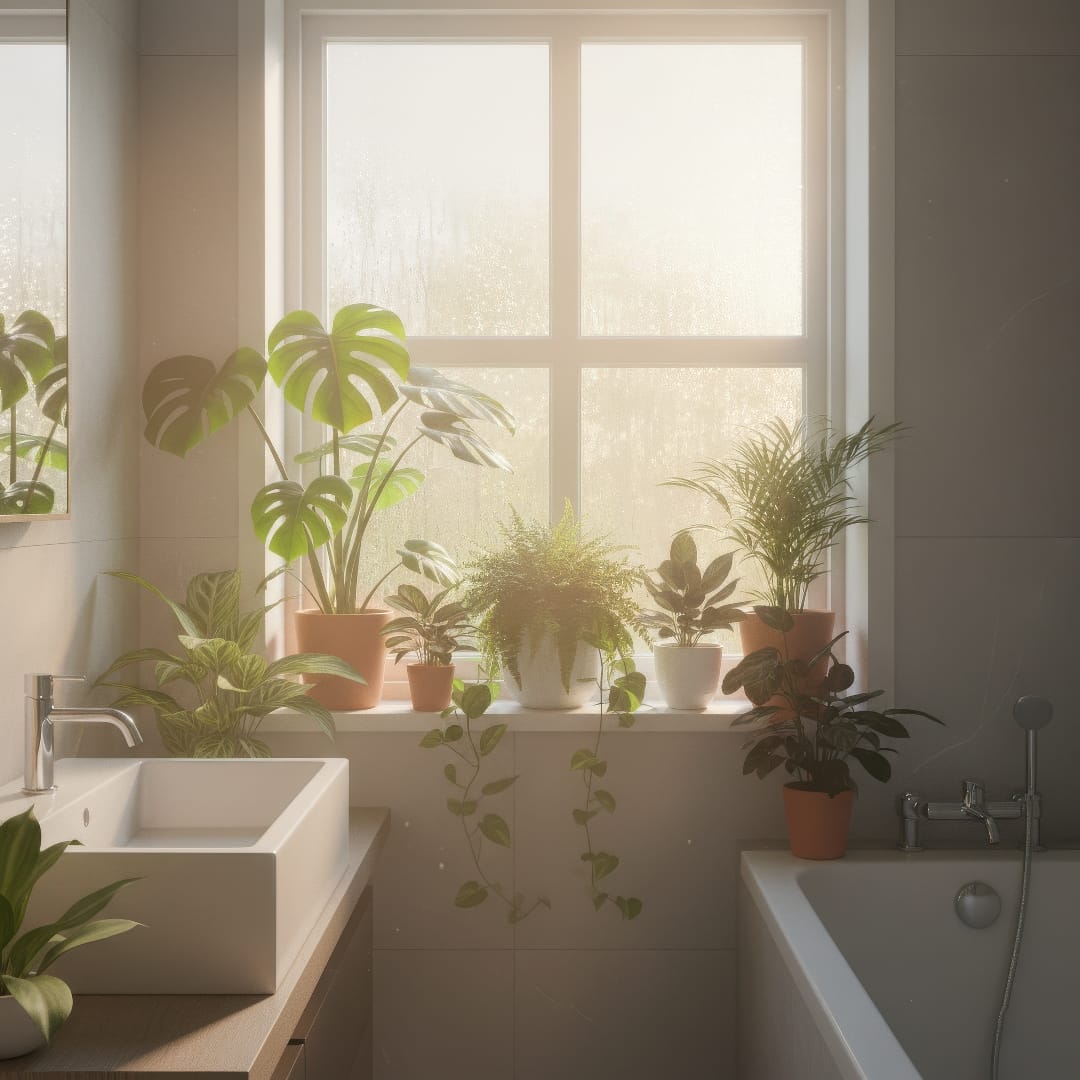 Houseplants placed near a bright bathroom window where humidity is naturally higher.