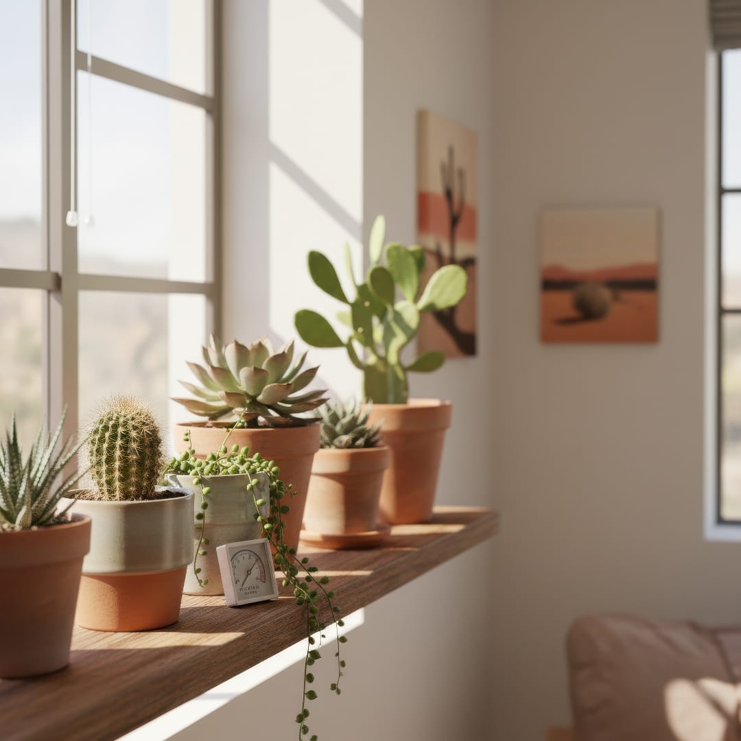 Succulents like aloe and jade thriving in a dry, bright indoor space.