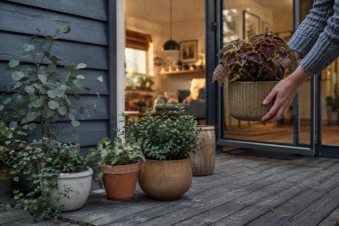 Potted houseplants on a patio being carried indoors at the end of summer.