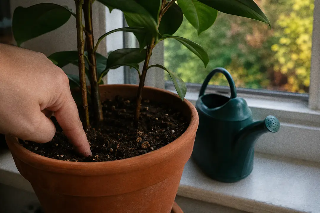 Watering a houseplant indoors with soil moisture being checked by hand