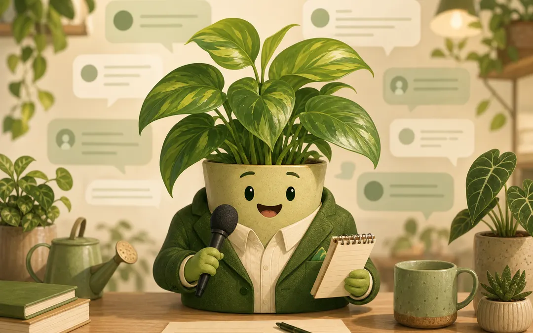 A cheerful potted houseplant dressed like a reporter holding a microphone and notepad, with soft comment bubbles in the background.