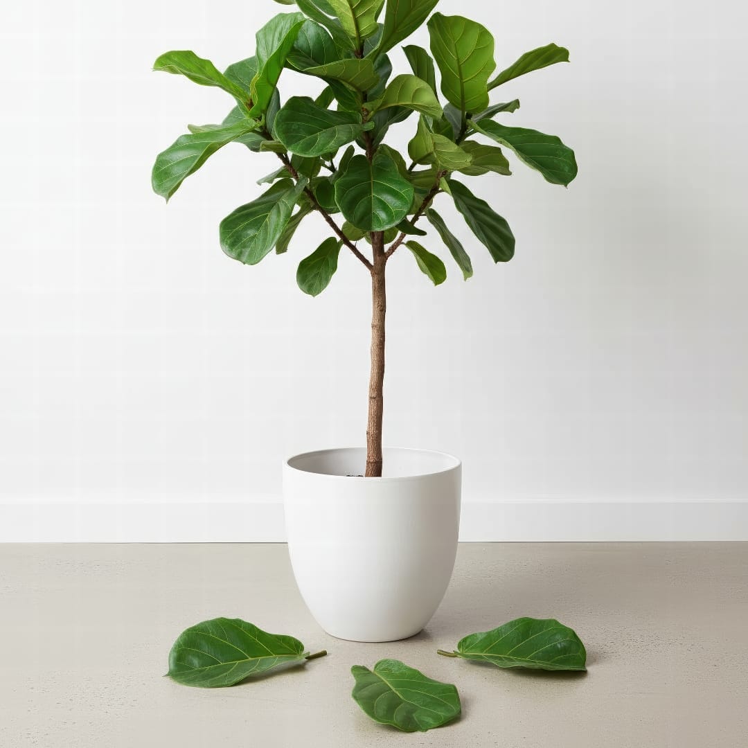A dramatic shot of a fiddle leaf fig tree with several green leaves lying on the floor around its base.