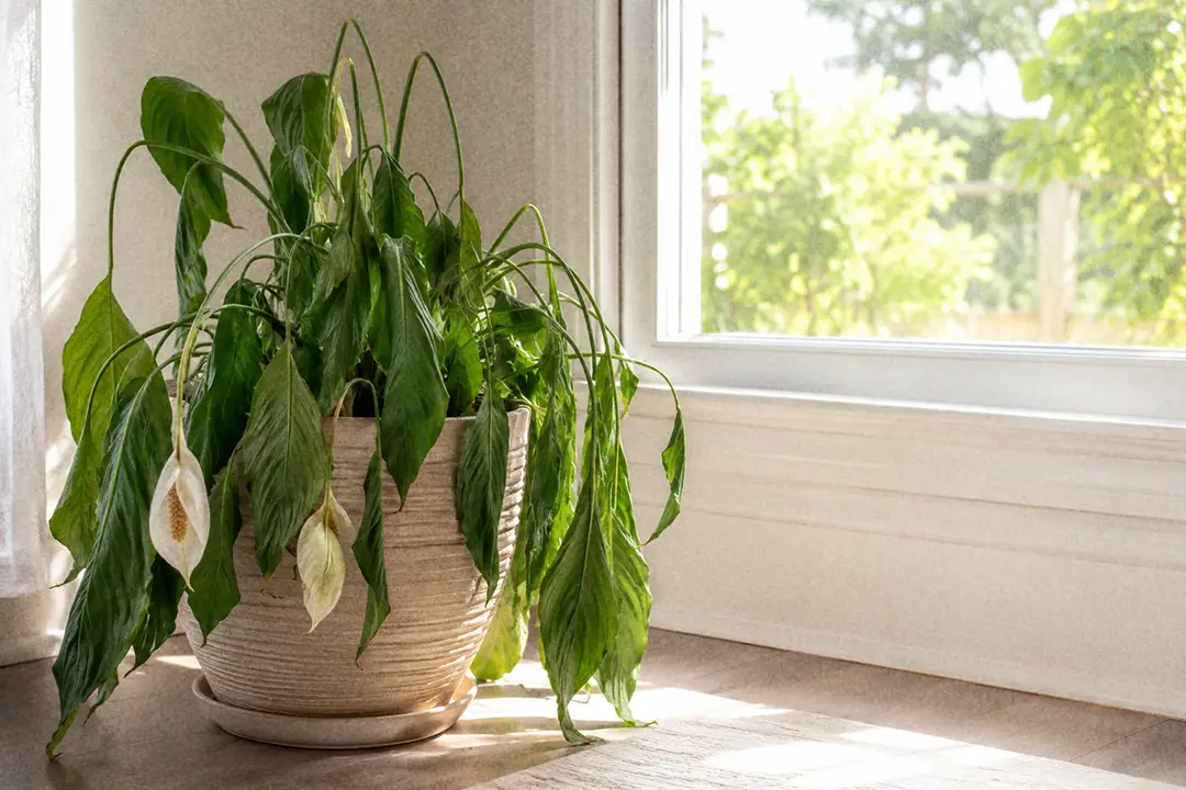 A drooping peace lily next to a bright summer window