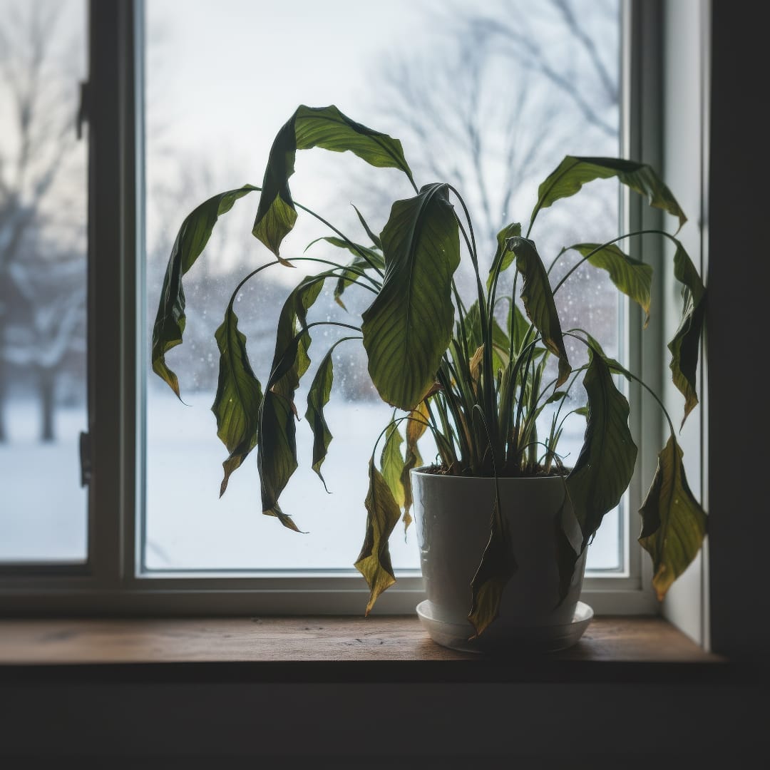 A drooping indoor plant with limp leaves from overwatering during winter.