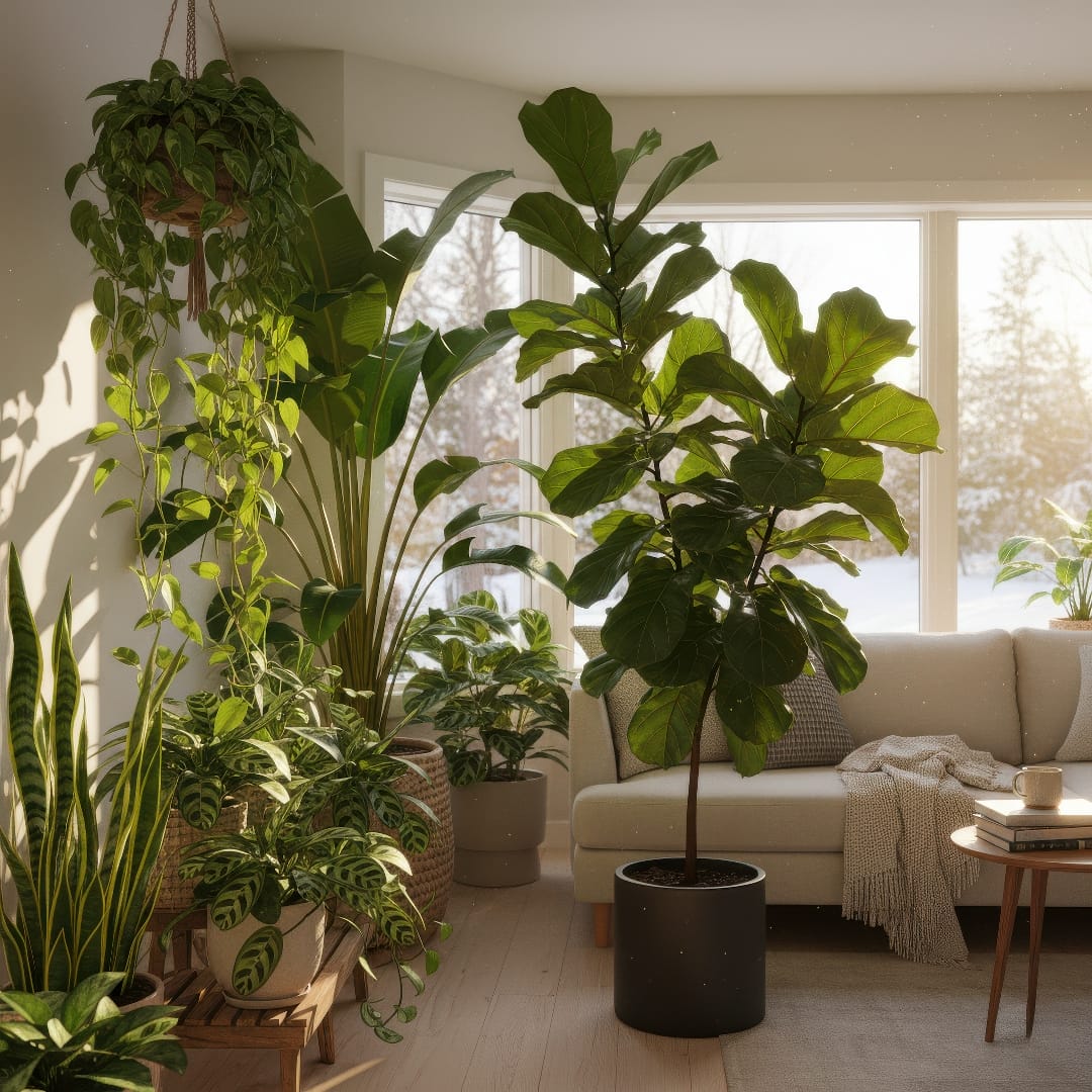 Healthy indoor plants recovering and thriving by late winter with bright light.