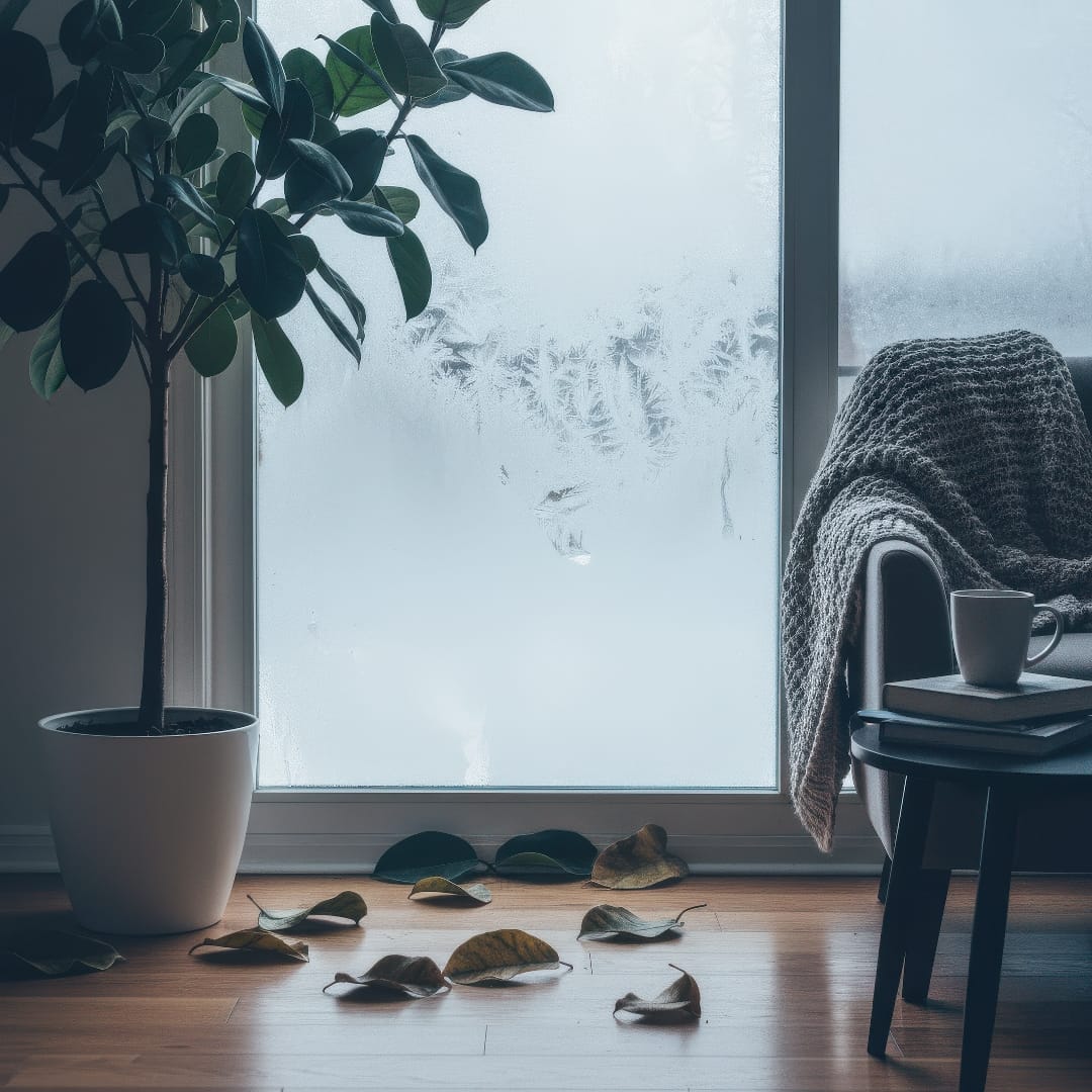 A Ficus plant losing leaves due to a cold draft near a window in winter.
