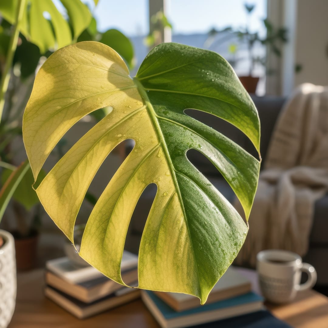 Close-up of a yellowing houseplant leaf caused by overwatering in winter.
