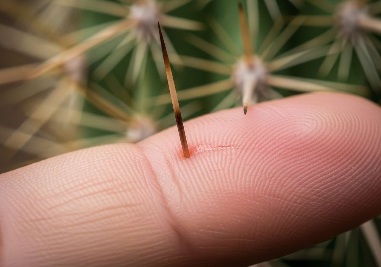 A close-up view of a person's finger with a small cactus needle embedded in it.