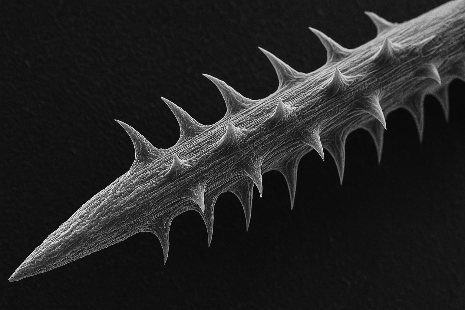 A microscopic view of a cactus spine showing its fibrous, barbed structure.