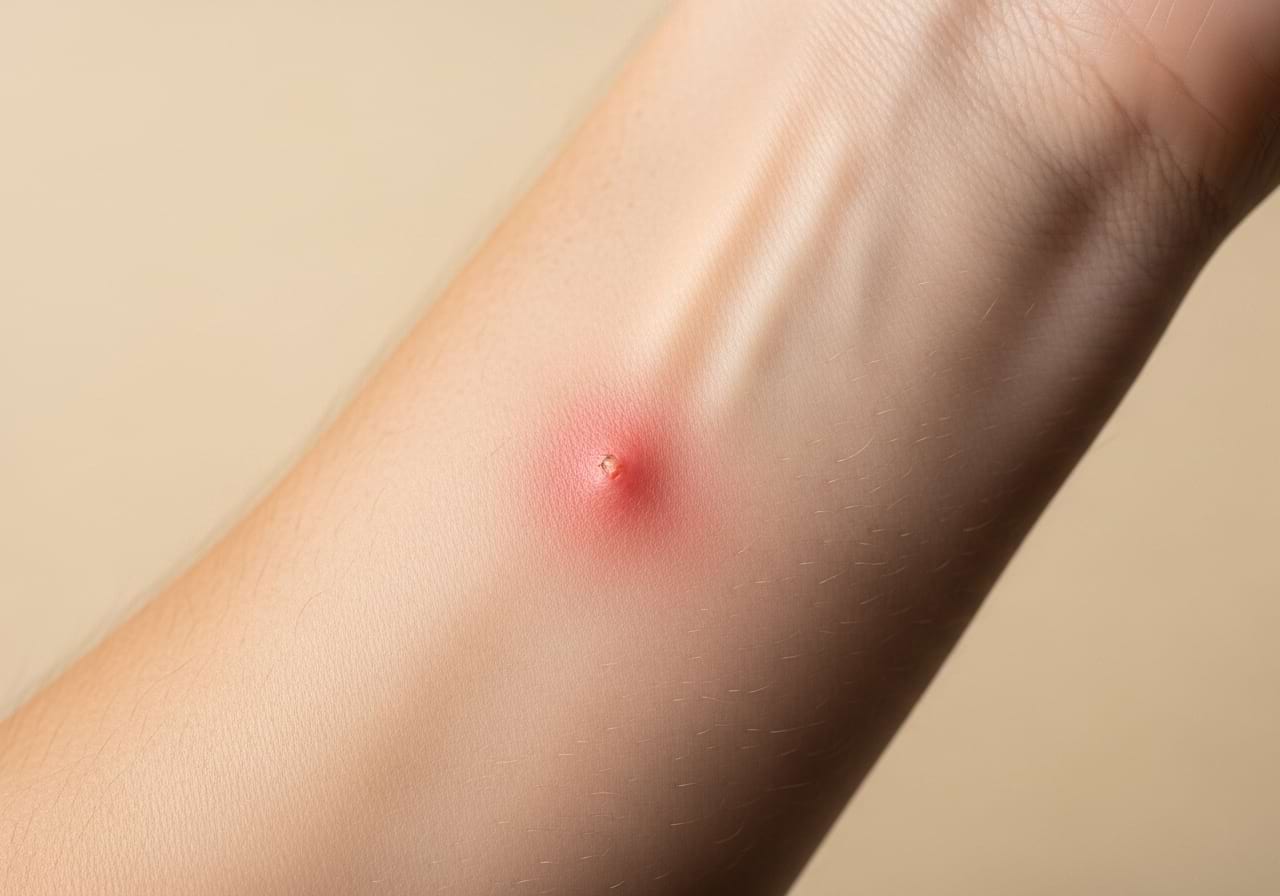 A close-up of a small patch of red, inflamed skin from a cactus needle irritation.