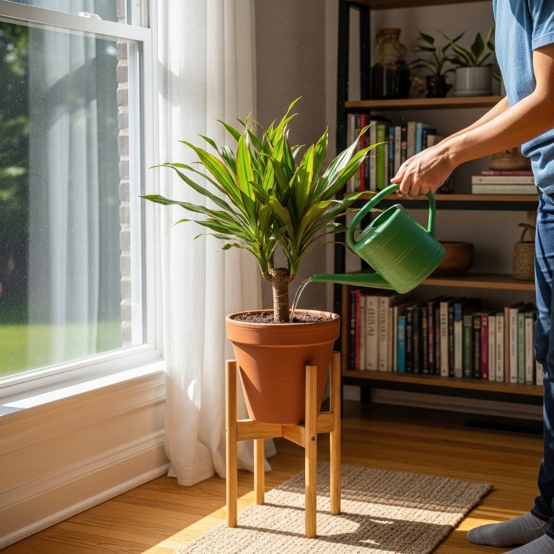A person watering a Dracaena plant in a well-lit room, showing general care.