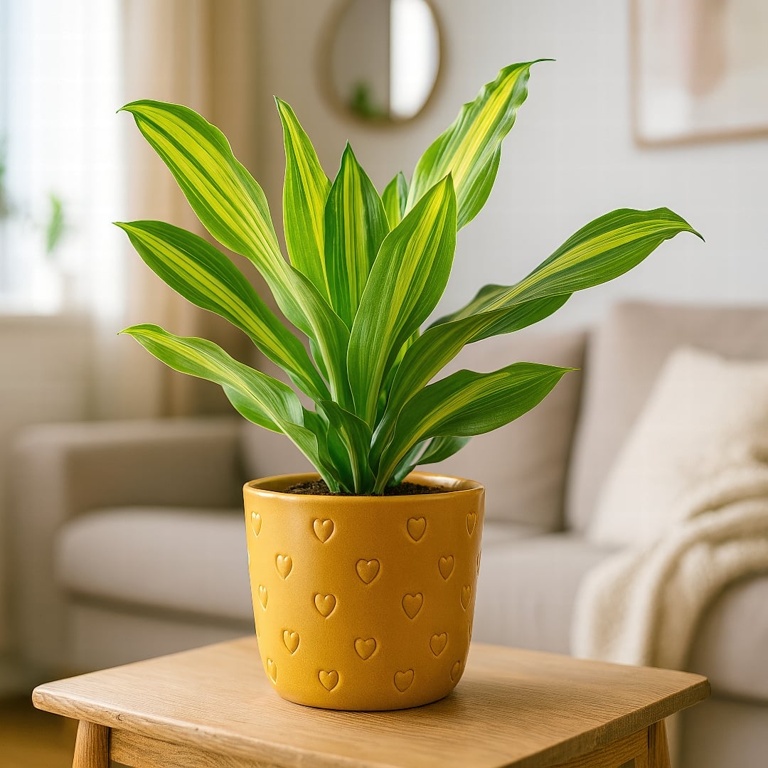 A Dracaena 'Golden Heart' with a very wide, vibrant golden center on its leaves.