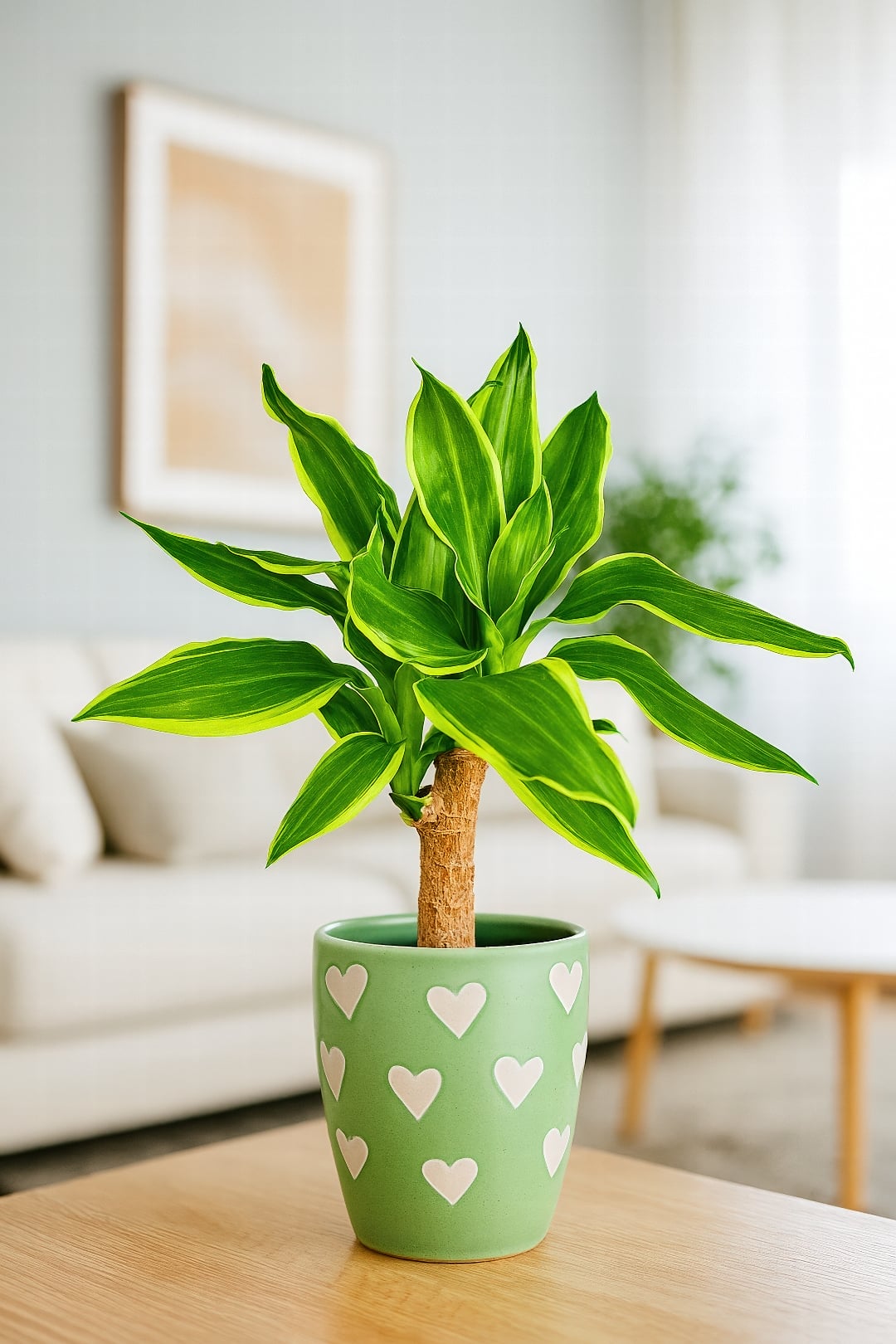 An elegant Dracaena 'Lindenii' with creamy yellow edges and a green center.