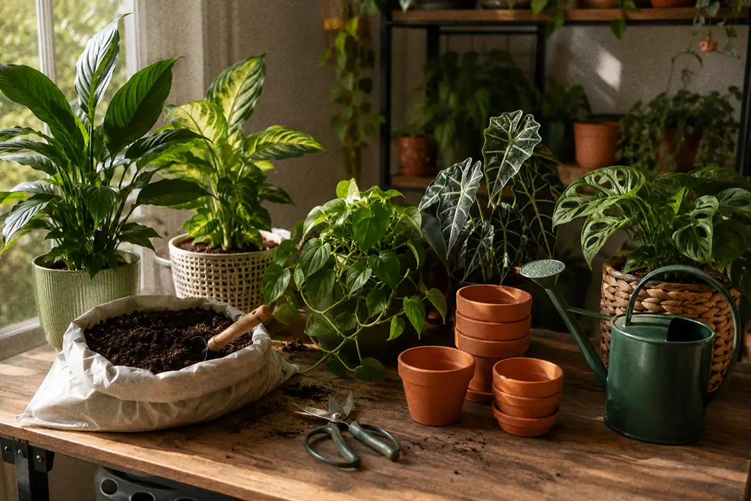 A workspace with houseplants, pruning snips, and fresh potting soil in late summer.