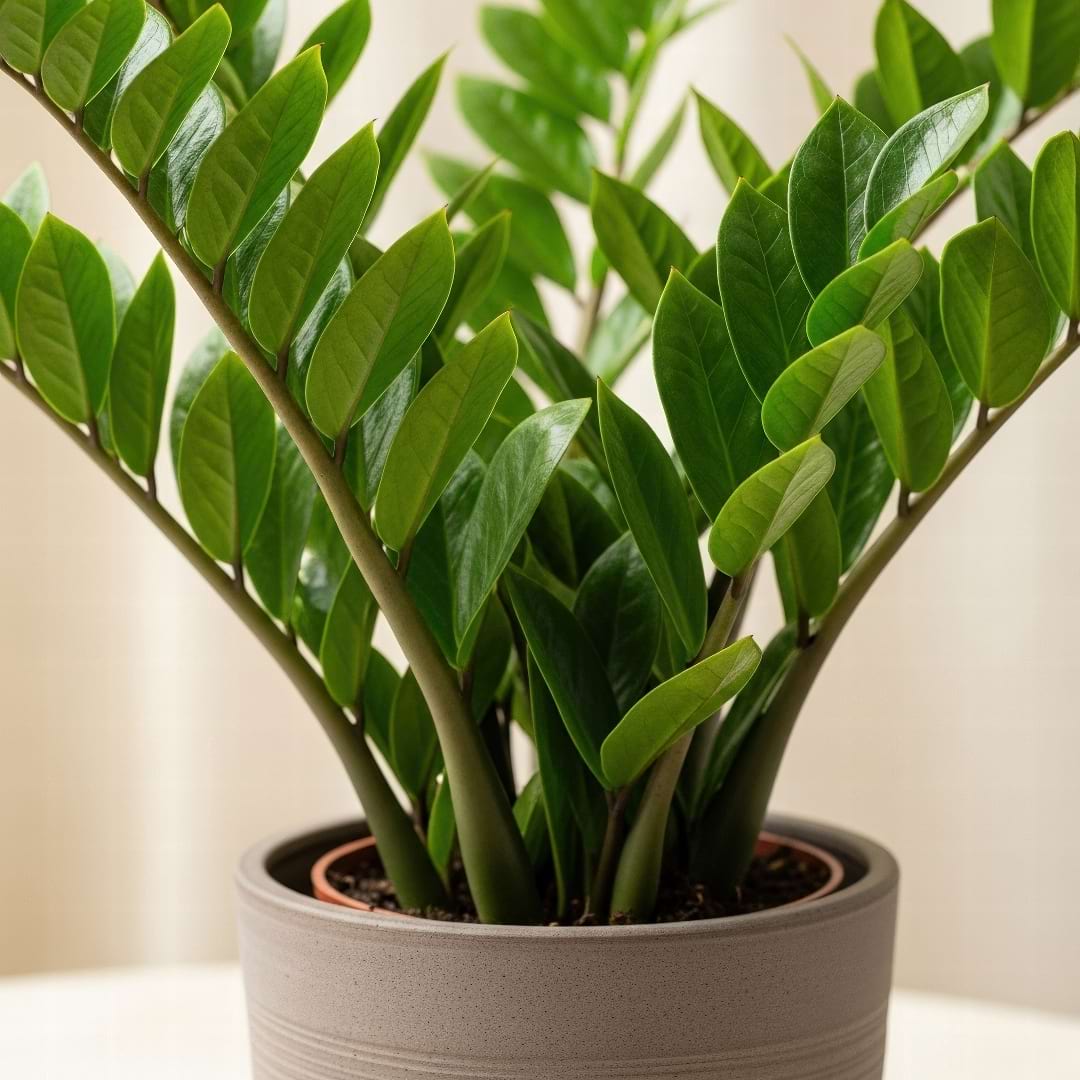 A ZZ Plant with glossy, dark green leaves in a decorative pot, placed in a warm, brightly lit room.