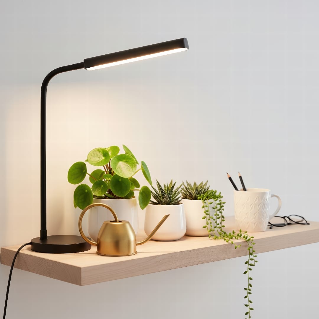 A stylish desk lamp with a grow light bulb shining over a small collection of houseplants on a table.