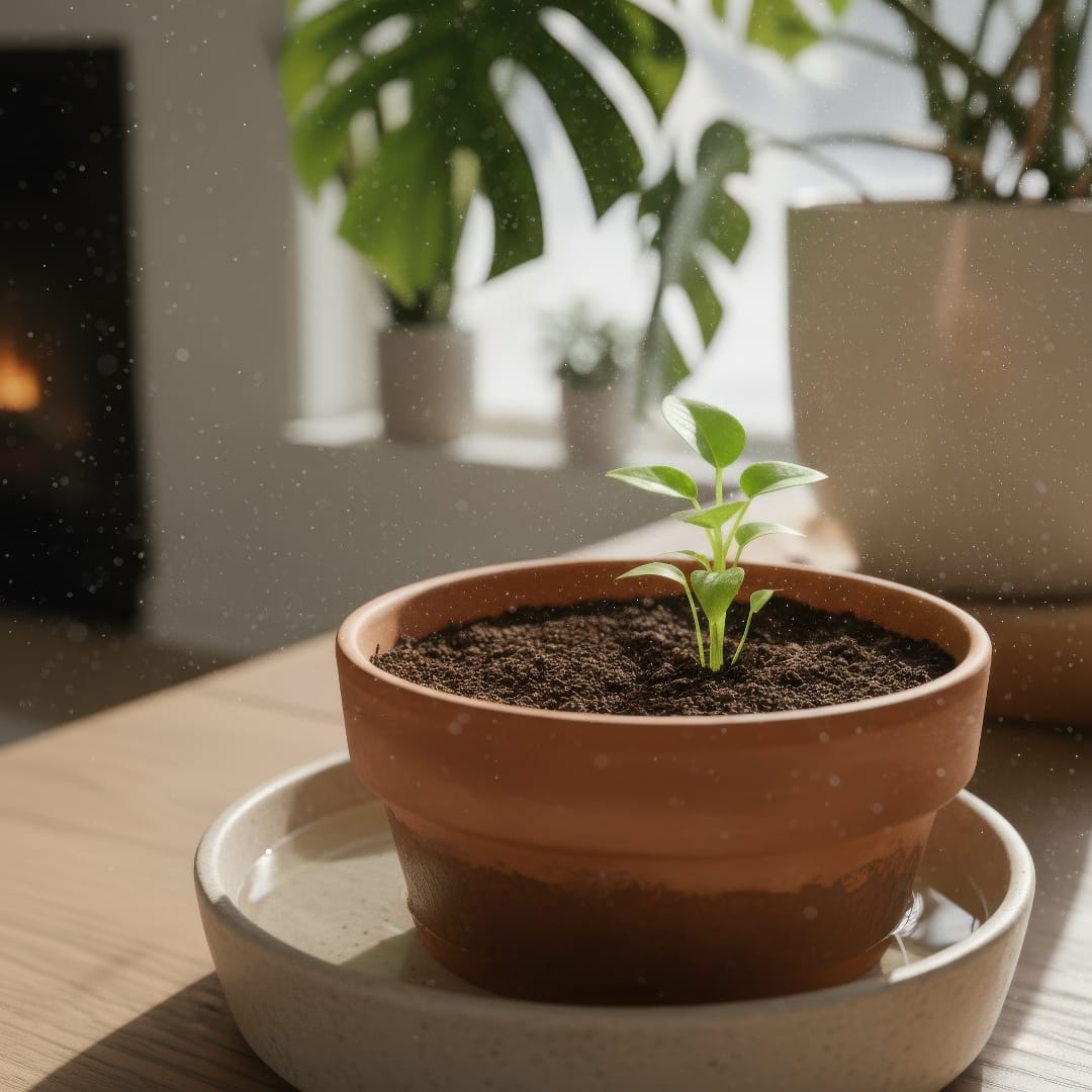 A ceramic pot sitting in a shallow dish of water as the soil slowly absorbs moisture from below.