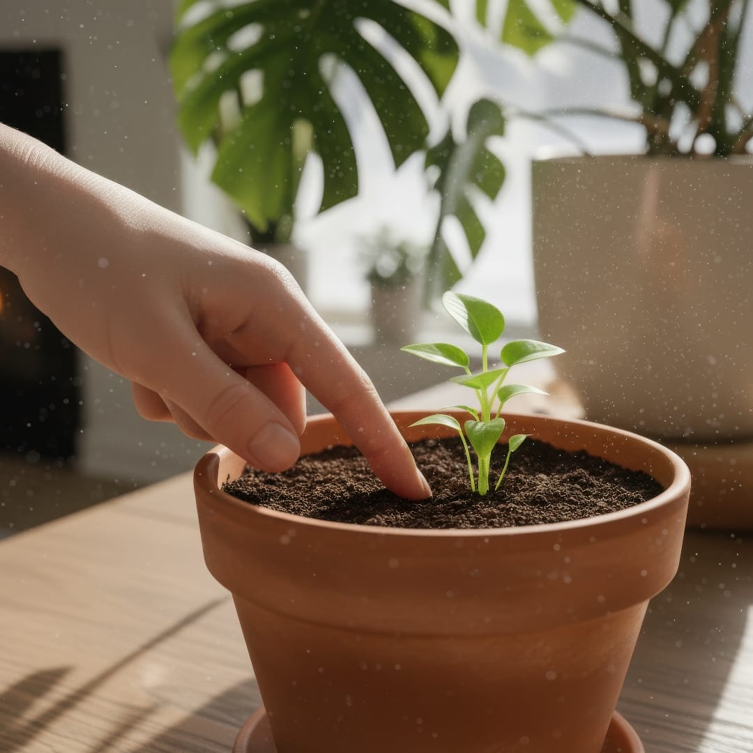 A person testing the moisture level in a houseplant’s soil with their finger.