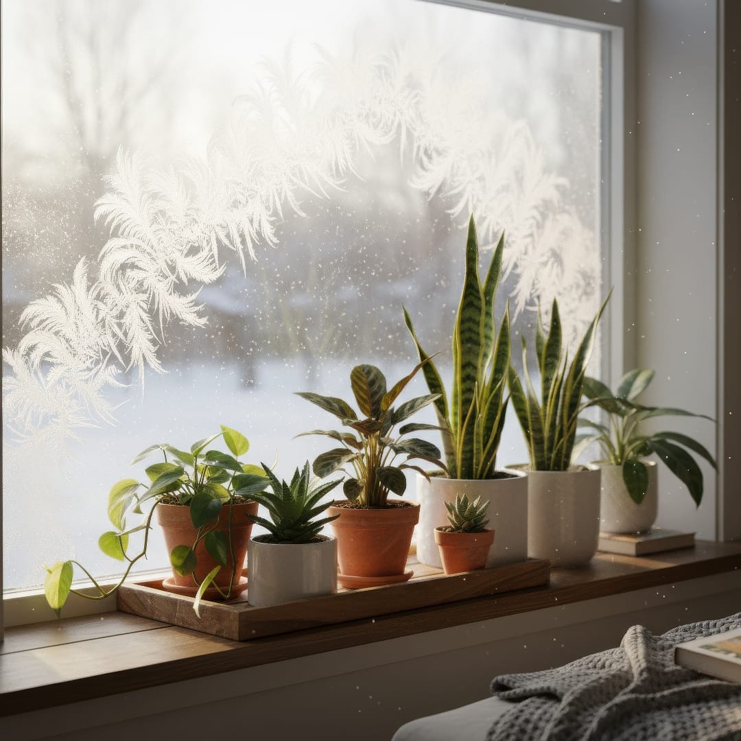 Indoor plants sitting on a windowsill with frost outside, soaking up weak winter sunlight.