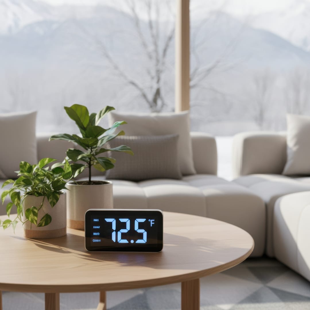 A digital thermometer placed beside indoor plants showing an ideal temperature range around 22°C.