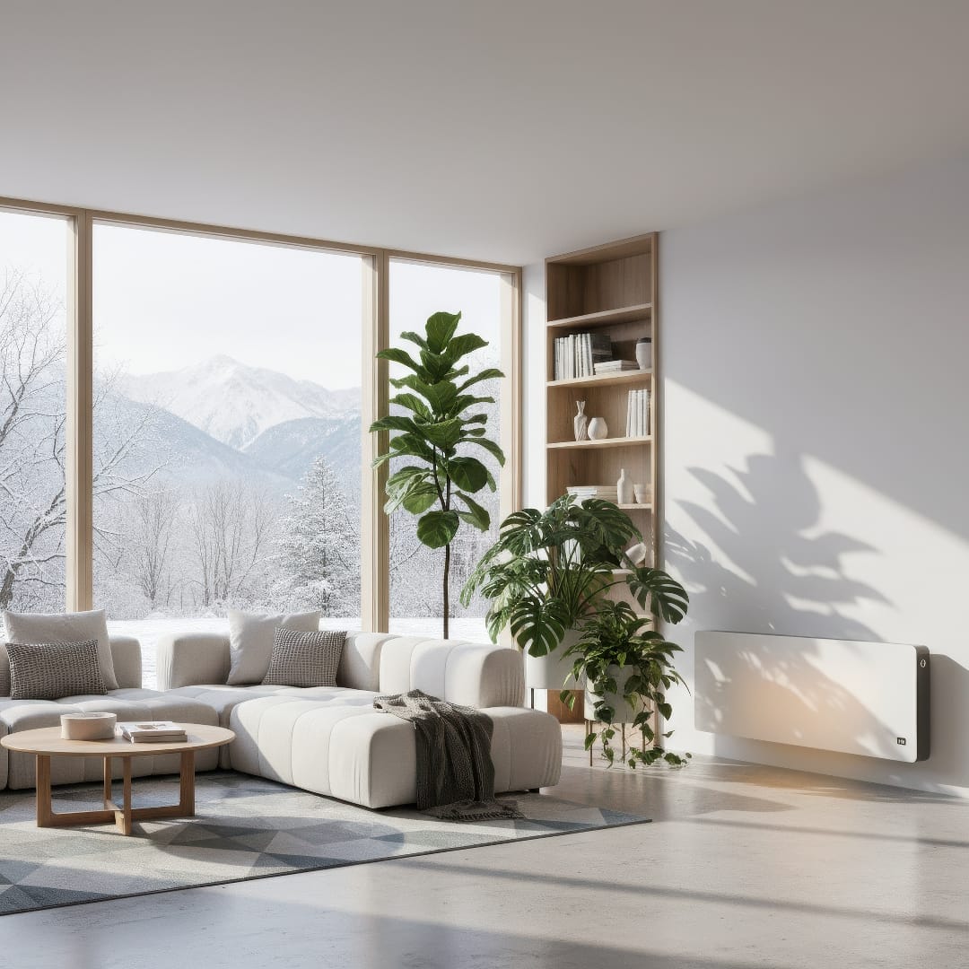 A cozy living room with green houseplants placed safely away from a radiator and bright winter sunlight streaming through a window.