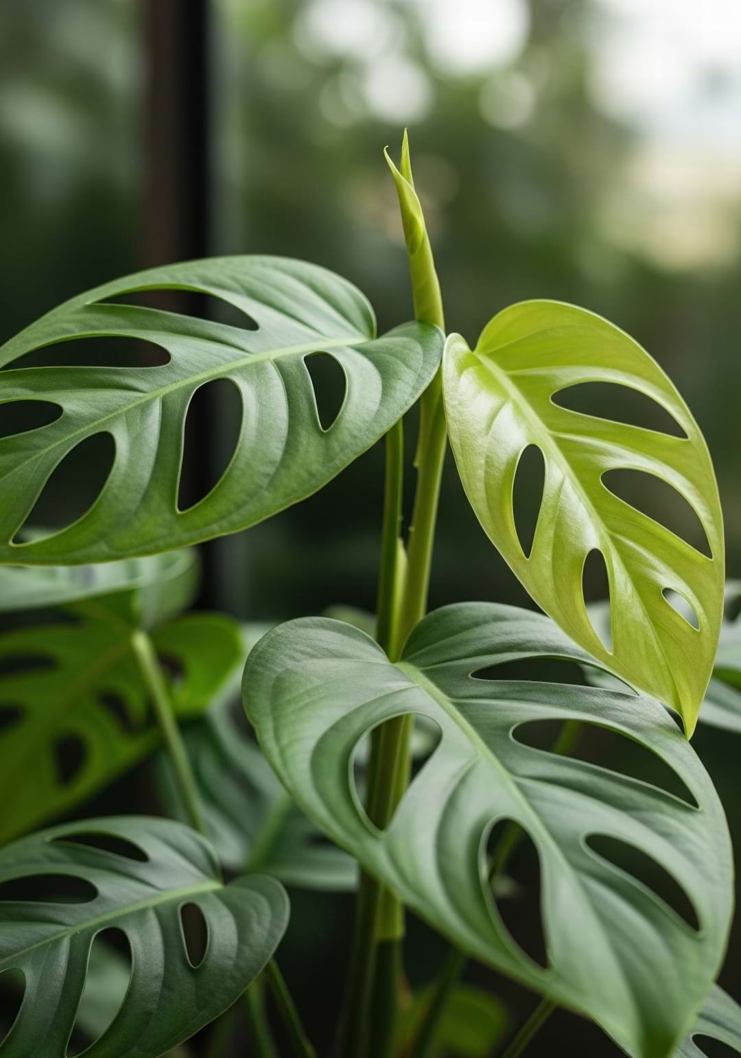 The overlapping, heart-shaped leaves of a juvenile Monstera acuminata climbing a board.
