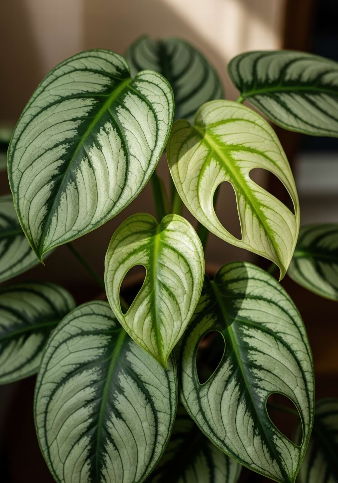 A Monstera siltepecana showing its silvery juvenile leaves with dark green veining.