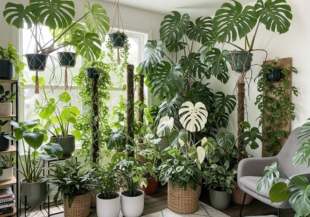 A collection of different Monstera species, showing a variety of leaf shapes, sizes, and fenestrations.