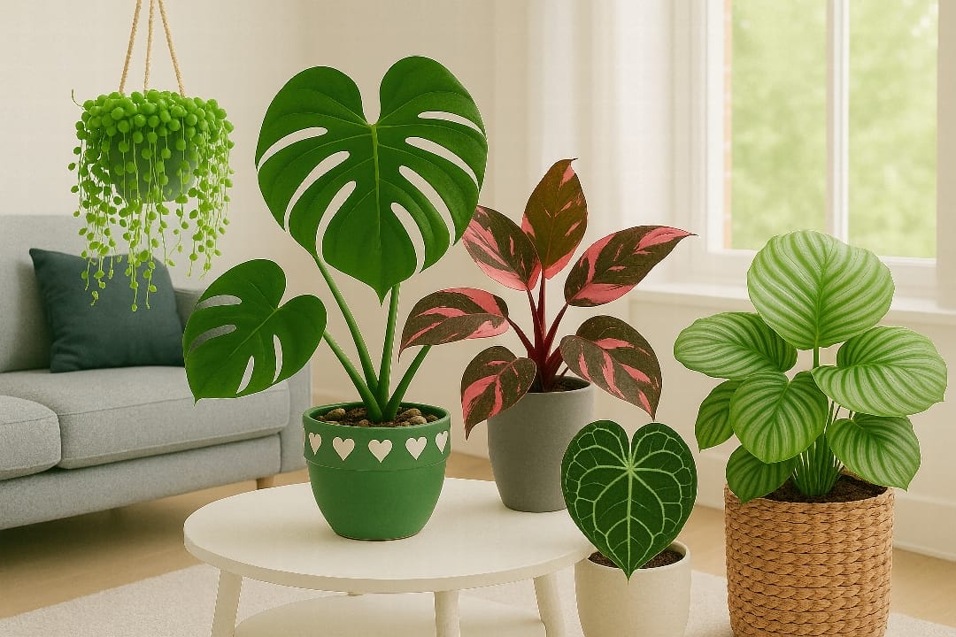 A bright, modern room filled with a variety of trendy houseplants in decorative pots.