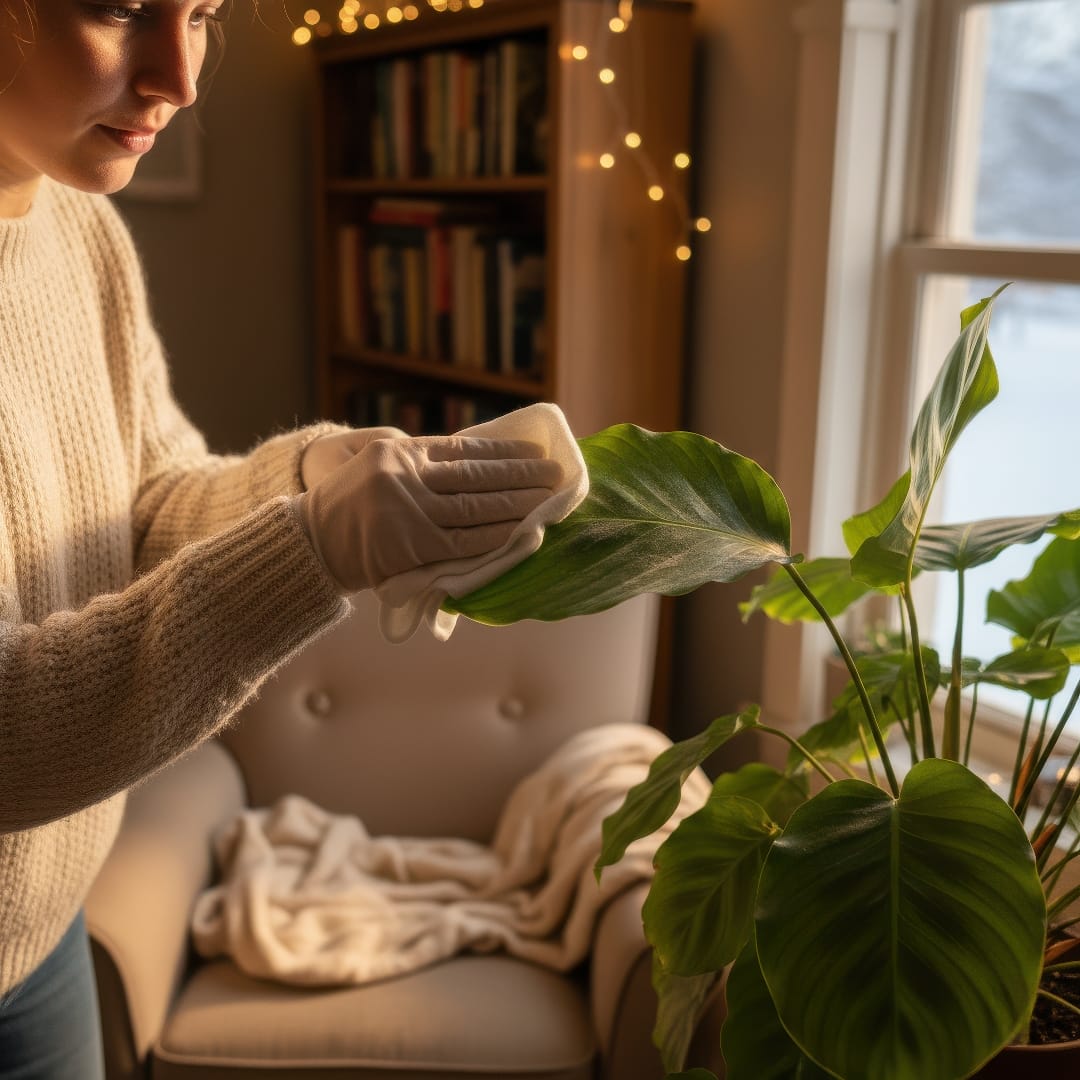 A person gently wiping a houseplant leaf to remove dust and prevent pests.