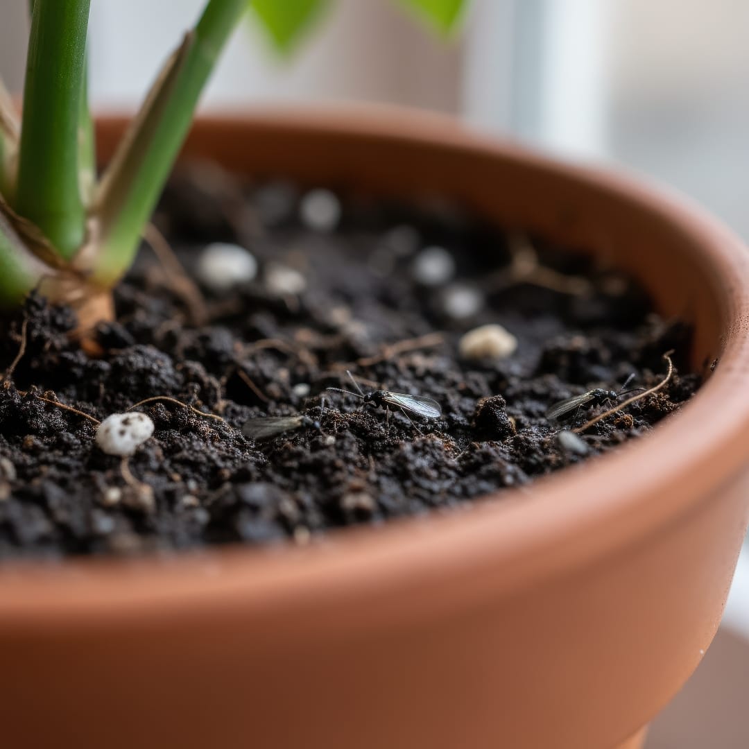 Close-up of small black fungus gnats crawling on potting soil of a houseplant.