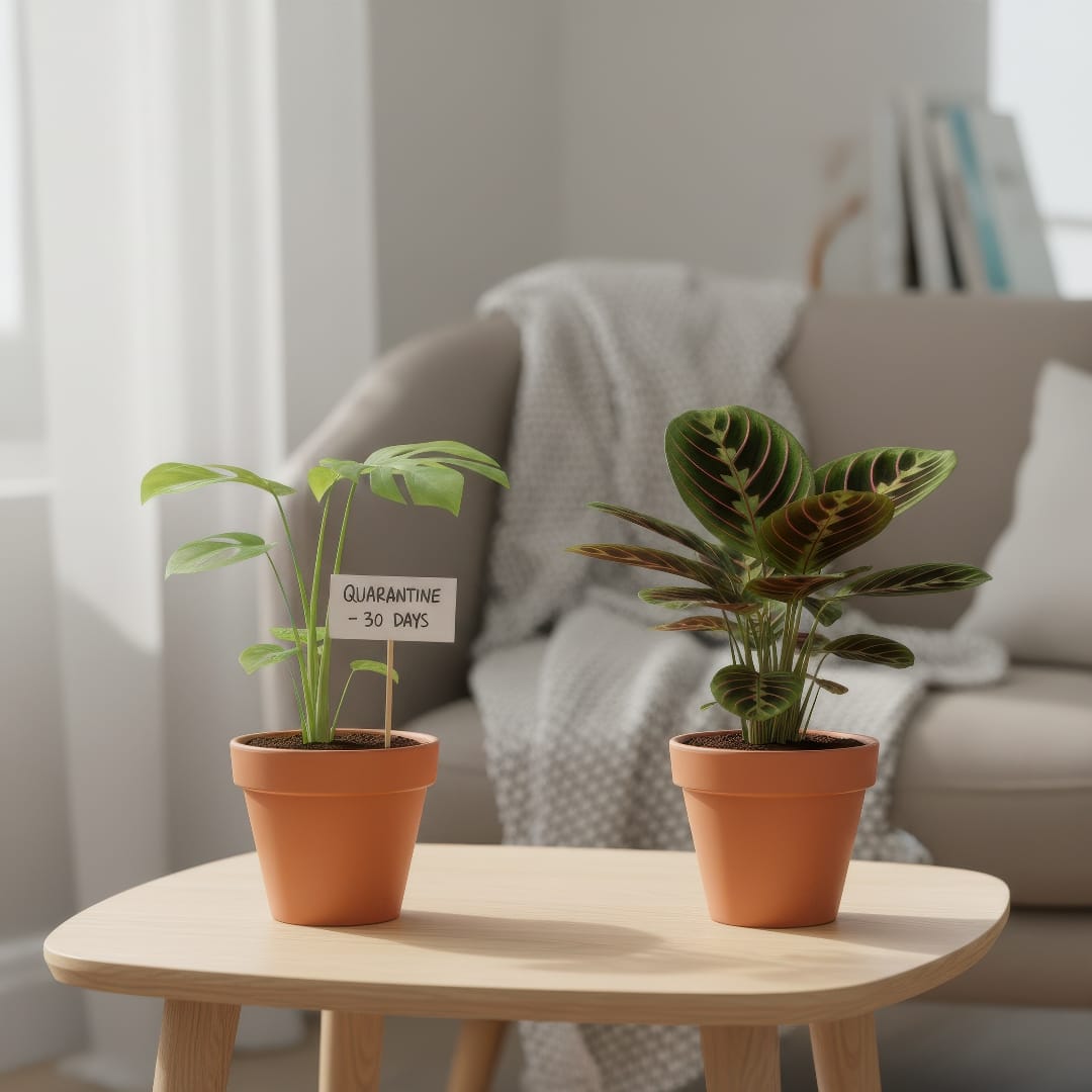 New houseplants placed separately on a side table for a short quarantine period.