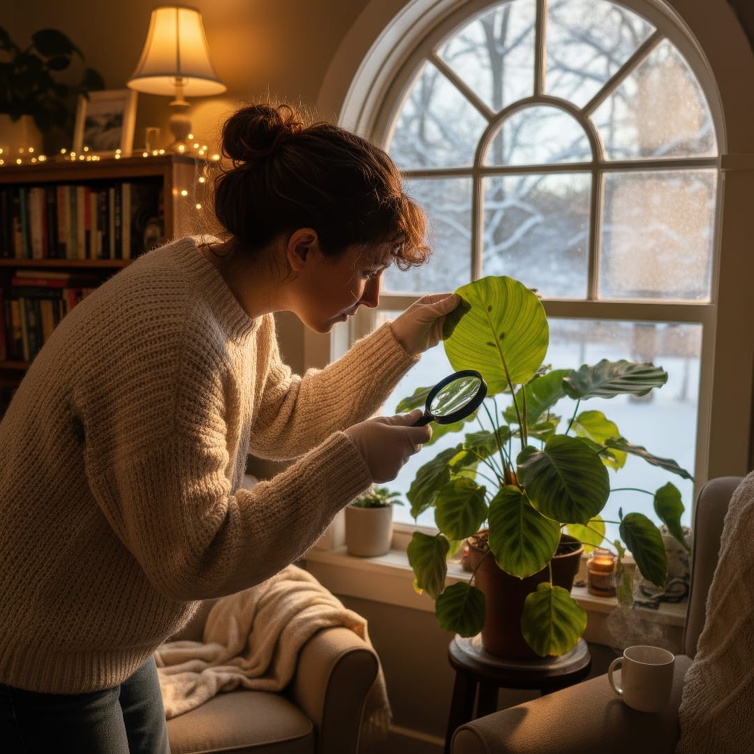 A person examining a leaf for spider mites near a bright window in winter.